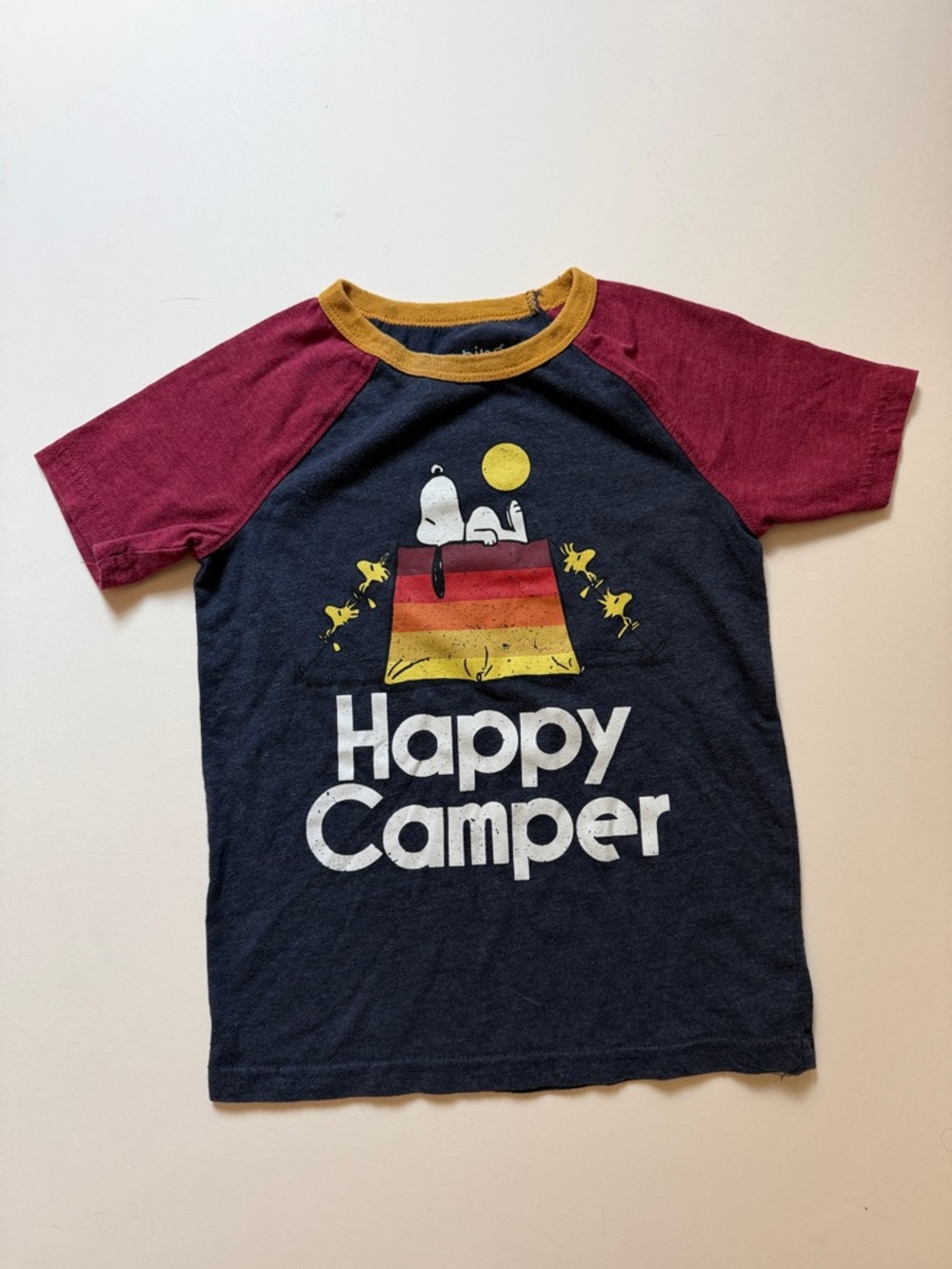 Happy Camper Snoopy Graphic Raglan Tee - Navy, Burgundy, Mustard